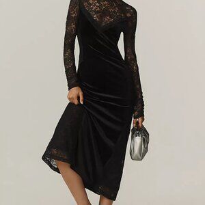 Long-Sleeve Mock-Neck Lace Velvet Slip Midi Dress